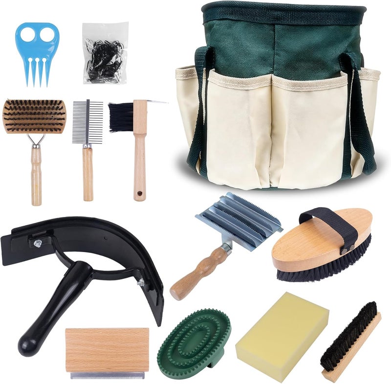DigNew 13-Piece Horse Grooming kit for Daily Care,Complete Horse Supplies Set with Wood Brushes, Tack Essentials, Curry Tools, and Practical Horse Accessories for Farm & Stable Use - Image 1